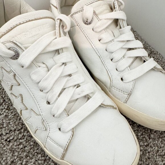 Zadig & Voltaire Leather Distressed Star Applique Lace Up Sneakers White 38 / 7 - Picture 3 of 13